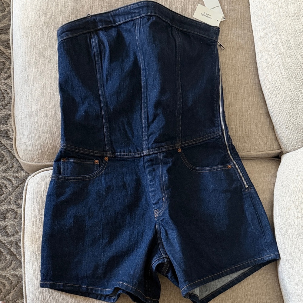 Dark Blue Denim Strapless Romper Shorts